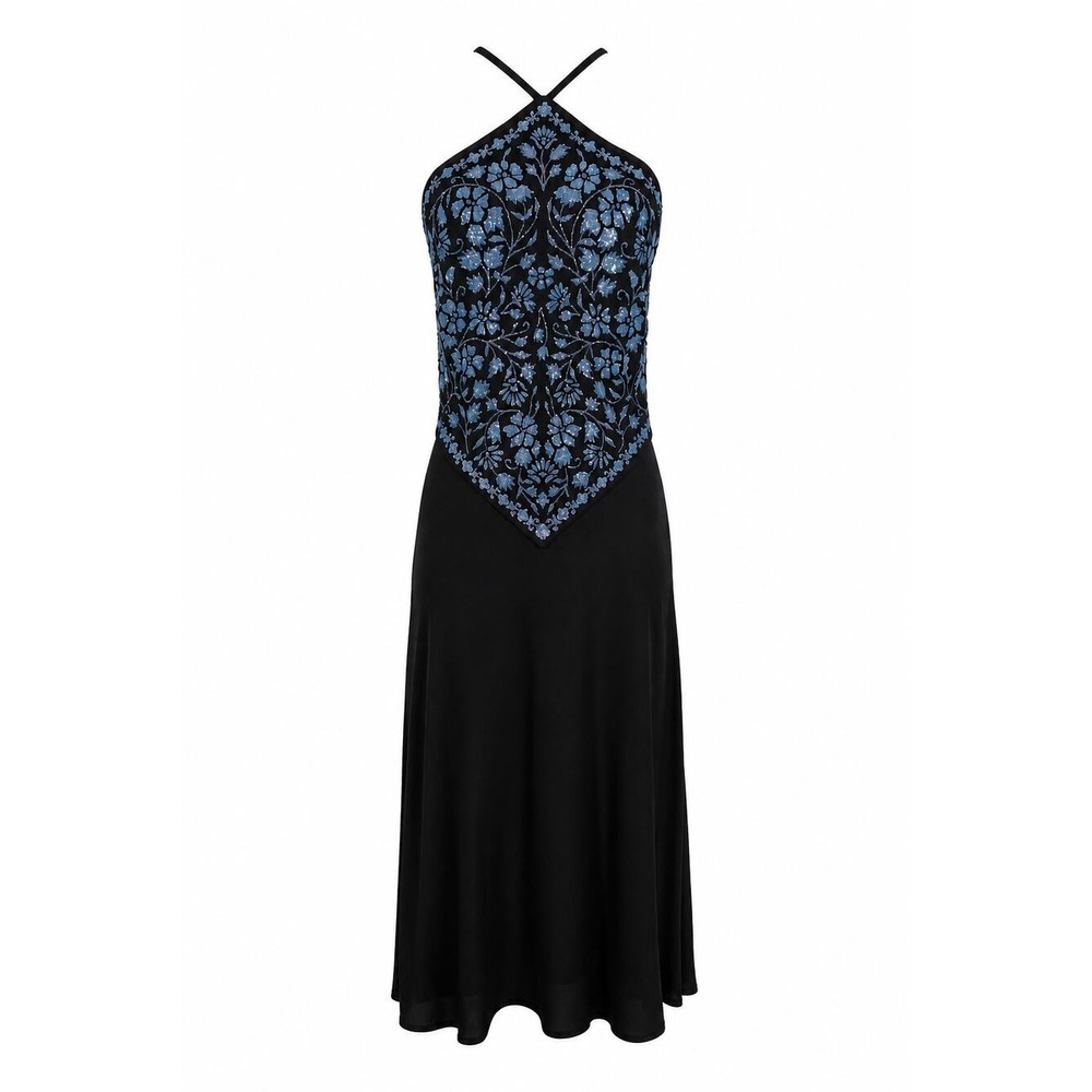 Tadashi Vintage Y2K Halter Glitter Embellished Mesh Bandana Style Midi Dress S